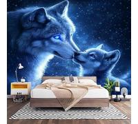 Papier Peint Panoramique Murale Bleu 200x140 cm Papier Peint Intissé Animal Louve MèRe Et Son Petit Taille Personnalisée Grandes Poster Mural Photo Muraux pour Salon, Bureau, Décor Fond TV