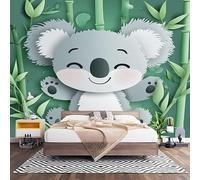 Papier Peint Panoramique Murale Koala de Dessin Animé 350x256 cm Papier Peint Intissé Bambou Vert Taille Personnalisée Grandes Poster Mural Photo Muraux pour Salon, Bureau, Décor Fond TV