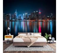 Papier Peint Panoramique Murale RéFlexion Nocturne De La Ville 350x256 cm Papier Peint Intissé Noir Taille Personnalisée Grandes Poster Mural Photo Muraux pour Salon, Bureau, Décor Fond TV