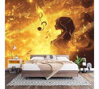Papier Peint Panoramique Murale Silhouettes de Fille Et Notes de Musique 250x175 cm Papier Peint Intissé Or Taille Personnalisée Grandes Poster Mural Photo Muraux pour Salon, Bureau, Décor Fond TV