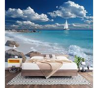 Papier Peint Panoramique Murale Voilier Ocean Beach 250x175 cm Papier Peint Intissé Ciel Bleu Taille Personnalisée Grandes Poster Mural Photo Muraux pour Salon, Bureau, Décor Fond TV