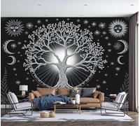 Papier Peint Panoramique Mystère Arbre Ciel Étoilé Corps Célestes Du Tarot 400X280Cm (L X H) Papier Peint Mural, Poster Geant Mural 3D, Noir Et Blanc Décoration Murale Pour Salon Chambre D'Enfants