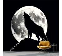 Papier Peint Panoramique Mystérieuse Nuit Au Clair De Lune 3D Intissé - 300 X 210 Cm Artistique Grand Format Poster Mural Décoratif Pour Salon Chambre Noir Ombre Du Loup Pleine Lune