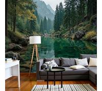 Papier Peint Panoramique Naturalisme, Papier Peint Chaîne de montagnes de la forêt de conifères de la rivière Vert foncé Fond pour Chambre Wallpaper, Fresque Murale pour Salon Salle, 300x210cm