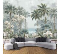 Papier Peint Panoramique Nature 150×105 CM - Revêtement Mural Décoration Salon - Paysage De Plage Tropicale - Plantes Vertes Palmiers - Tableaux Muraux Tapisserie Photo Trompe L'Oeil Pour Chambre
