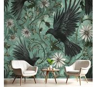 Papier Peint Panoramique Nature 396X280 Cm - Revêtement Mural Décoration Salon - Corbeau Noir - Fleurs Vigne - Vert Peintures Murales De Chambre