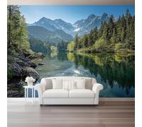 Papier Peint Panoramique Nature Effet 3D Papier Peint Intissé Verdure Montagnes Et Lacs Rives Forestières Décoration Murale Salon Chambre 350 X 256 Cm