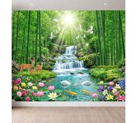 Papier Peint Panoramique Nature Féerique 300 x 210 cm - Décoration Murale Cascade Animaux Fleurs Bambou - Tapisserie Murales Papier Peint Intissé pour Chambre Salon - Poster Tableaux Photo Muraux