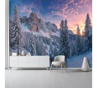 Papier Peint Panoramique Nature Montagne Enneigée Ciel Pin - Papier Peint Intissé motif Bleu Gris pour Chambre Salon Bureau Décoration, Poster Tableaux Photo d'intérieur Murales 300 x 210 cm