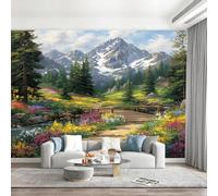 Papier Peint Panoramique Nature, Montagnes Enneigées, Plantes, Fleurs Tapisserie Murale Mural Pour Décoration Murale Paysages De Montagne Et De Rivière Papier Peint Chambre Stickers Cuisine 350x256cm