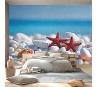 Papier Peint Panoramique Nature paysages 200 x 140 cm intissé Murale Papier Peint pour Salon Chambre d'enfants Fond Décor TV Murale, Bleu la mer les étoiles de mer les galets Chambre Poster Murales