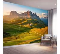 Papier Peint Panoramique Nature, Paysages Pastoraux Montagnes Châteaux Papier Peint Intissé Murale, 300 x 210 cm (L x H) Poster Geant Pour Salon Adulte Chambre D'Enfants Restaurant Décoration, Vert