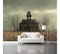 Papier Peint Panoramique Nature, Style Gothique Vieille Maison Arbres Morts Papier Peint Intissé Murale, 350 x 256 cm (L x H) Poster Geant Pour Salon Adulte Chambre D'Enfants Restaurant, Gris