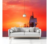 Papier Peint Panoramique Navigation Coucher De Soleil Voiliers Paysages, Format XXL Murale Pour Fille Garçon Décoration Murale Chambre Enfant Couleur Orange 400 x 280 cm Non-tissé, Non auto-adhésif