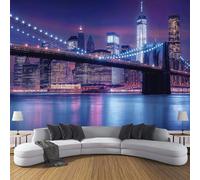 Papier Peint Panoramique New York Vue Nuit Poster Intissé Geant Mural 3D 150×105cm Photo Mural Pont Brooklyn Wallpaper pour Chambre Salon Personnalisé Décoration Murale Bleu