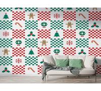 Papier Peint Panoramique Noël Arbre Guirlande À Carreaux - Papier Peint Intissé Autocollant - Baies Cannes En Sucre Fête Décoration Murale - Adhésif Mural pour Salon Chambre, 350x256 cm - K-618