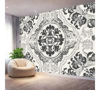 Papier Peint Panoramique Noir Blanc Mural 300 x 210 cm, 3D Papier Peint Style victorien rétro carrelage fleurs Thème Floral Fresque Murale Chambre Coucher Salon Décoration Photo Poster Geant Murale