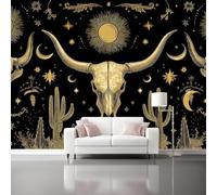Papier Peint Panoramique Noir Or Mural 350 x 256 cm, 3D Papier Peint Gothique crâne de vache soleil cactus Thème Floral Fresque Murale Chambre Coucher Salon Décoration Photo Poster Geant Murale