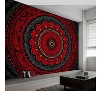 Papier Peint Panoramique Noir Rouge Mandala Fleurs, Papier Peint Intissé Art Abstrait pour Chambre Salon Salle à Manger Décoration Murale 400L x 280H cm - Fond D'écran Photo Moderne Art Mural