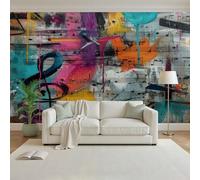 Papier Peint Panoramique Notes de Musique Abstrait Partitions Graffiti Toison Mur 350x256cm Moderne Papier Peint Intissé pour Chambre Salon Bureau Personnalisé Décoration Murale Graffiti Vintage