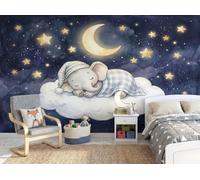 Papier Peint Panoramique Nuages Croissant De Lune Éléphant Murale Soie 350x256cm | Papier Peint Guérir Les Animaux À L'Âme Enfantine, Décoration Murale Poster Tableaux Muraux Pour Chambre Salon Mange