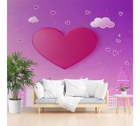 Papier Peint Panoramique Nuages d'Amour de Dessin Animé 500x280cm(L x H) Moderne Papier Peint intissé pour Chambre Salon Bureau Personnalisé Décoration Murale Bâtiment de Ville Violet