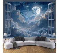 Papier Peint Panoramique Nuages De Pleine Lune, Bleu Profond Papier Peint Soie Mural 350x256cm 3D Photo Wallpaper Pour Chambre D'enfants - Vue Nocturne 3D Par La Fenêtre Poster Tableaux Photo Muraux