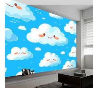 Papier Peint Panoramique Nuages Sourire Dessin Animé 300 x 210 CM - Photo Décoration Murale - Papier Peint Mural Pour Salon, Adulte Chambre d'enfants, Fond Tv - Bleu clair - Revêtement Mural