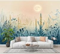 Papier Peint Panoramique Nuit De Pleine Lune Fleurs Sauvages Herbe | Papier Peint Soie Style Rétro Brumeux 300x210cm, Fresque Murale Décoration Murale Pour Salon Chambre Bureau (Non Adhésif)