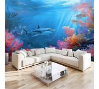 Papier Peint Panoramique Océan Plantes Animaux, Bleu Intissé Murale Requins Coraux 300 X 210 Cm Décoration Murale Poster Tableaux Muraux Imprimé - 3D Tapisserie Photo Pour Salon Chambre D'Enfants