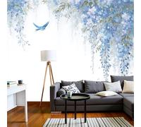 Papier Peint Panoramique Oiseaux Chanteurs Fleurs Glycine, Poster Geant Mural Personnalisé 3D, Paysage L'Aquarelle Pour Salon Chambre D'Enfant Décoration Murale, Bleu Clair Moderne Murales, 200X140Cm