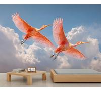 Papier Peint Panoramique Oiseaux en Vol Papier Peint Spatule Rosée Murale Ciel Bleu Nuageux Poster et Tableaux Muraux pour Décoration Chambre et Salon 100 X 70 cm