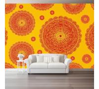 Papier Peint Panoramique Orange rouge Mural 400 x 280 cm, 3D Papier Peint Motifs mandala traditionnels et indiens Thème Floral Fresque Murale Chambre Coucher Salon Décoration Photo Poster Geant Murale