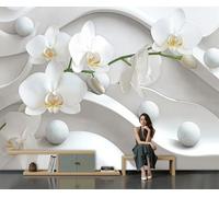 Papier Peint Panoramique Orchidée Phalaenopsis 3D Vagues Relief Géométrie Simple Papier Peint 3D Installation Facile Intissé Beige Bureau Salon Canapé Chambre Décoration Murale Fresque, 250X175Cm