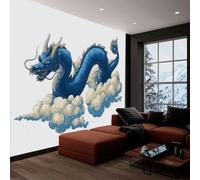 Papier peint panoramique oriental bleu dragon nuages blancs, photo mural moderne 200L x 140H cm - Papier peint décoration de maison style dessin animé pour salon, chambre, chambre des enfants, bureau