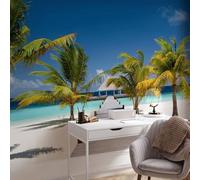 Papier Peint Panoramique Palmiers 250x175 cm Papier Peint Intissé 3D Vue Sur La Mer Tropicale Muraux Tapisserie Photo Décoration Murale Poster Mural XXL pour Chambre Salon 28-ABP