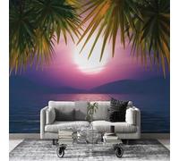 Papier Peint Panoramique Palmiers d'océan Papier Peint Intissé Autocollant, Grand Poster Mural Décoration pour Salon, Chambre Adhésif Mural, 250x175cm - Coucher de soleil Violet L38