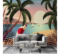 Papier Peint Panoramique Palmiers d'océan - Papier Peint Intissé Autocollant, Grand Poster Mural Décoration pour Salon, Chambre Adhésif Mural, 400x280cm - Imprimé plage Motif océan L16
