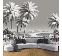 Papier Peint Panoramique Palmiers Îles, Papiers peints Rétro Illustration Panoramique Intissé, Décoration Poster Mural Noir Blanc, Pour Salon Chambre D'Enfants Restaurant, 350 x 256 cm