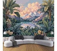 Papier Peint Panoramique Palmiers, Montagnes Enneigées Lacs, Papier Peint Soie Paysages Naturels Tropicaux Tableaux Muraux, 450x315cm Poster Décoration Murale Pour Salon, Chambre, Bureau, Bleu-Violet