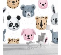 Papier Peint Panoramique Panda Lion Ours Papier Peint Poster, Visages D'Animaux De Dessin Animé Muraux Photo, Multicolore Revêtement Murales Pour Chambres de garçon et de fille Décor Mural 350x256cm
