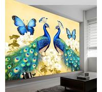 Papier peint panoramique Papillons Fleurs Paon, Papier peint intissé Peinture à l'Encre Chinoise art esthétique moderne pour salon adulte chambre d'Enfants restaurant décoration murale 500L x 280H cm