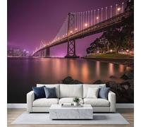 Papier Peint Panoramique Parc Architecture Pont Suspendu 300 x 210 cm | Tapisserie Murales Papier Peint Intissé Paysage Nocturne De Ville Moderne, Grand Poster Décoration Muraln pour chambre salon