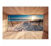 Papier peint panoramique paysage 350x256 cm - Revêtement décoration - Illusion de bois mer paysage moderne plage espace texture fond vue depuis la fenêtre lever du soleil c-C-0067-a-b