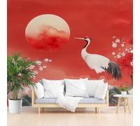 Papier Peint Panoramique Paysage Animalier Avec Grue À Couronne Rouge Papier Peint Intissé Fleurs D'Art Oriental Coucher de Soleil Tapisserie Panoramique Salon, Décoration Murale Chambre, 390x260cm