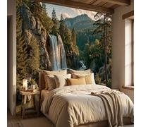 Papier Peint Panoramique Paysage Cascade Montagne 400x280cm - Papier Peint Soie Paysages Naturels - Poster Geant Mural 3D - Décoration Murale pour Salon Chambre d'enfants restaurant, Vert Émeraude