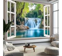 Papier Peint Panoramique Paysage Cascade Mural 200x140 cm 3D Papier Peint Intisse Vue de La Nature Depuis Une Fenêtre Fresque Murale Chambre Coucher Salon Décoration Photo Poster Geant Murale q.4265