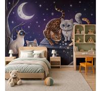 Papier Peint Panoramique Paysage Chat Dessin Animé Murale Intissé, 200X140Cm (L X H) | Fresque Murale Panoramique Animaux Amusants Ciel Nocturne, Décoration Murales Poster Tableaux Muraux Bleu Marine