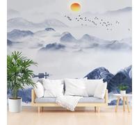 Papier Peint Panoramique Paysage Coucher de Soleil Montagnes Brumeuses Papier Peint Intissé Poster Mural xxl Paysage Naturel Bleu Poster Mural 3D pour Salon Chambre Décoration Murale 390x260cm(L x H)