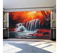 Papier Peint Panoramique Paysage d'automne de la cascade du parc 300 x 210 cm Poster Mural 3D Rouge Tapisserie Photo Intissée Fresque Salon Chambre Fond TV